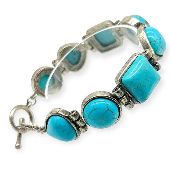 Burnished Silver Bracelet Turquoise Multi Shaped Semi Precious Stone Howlite - Picture 5 of 11